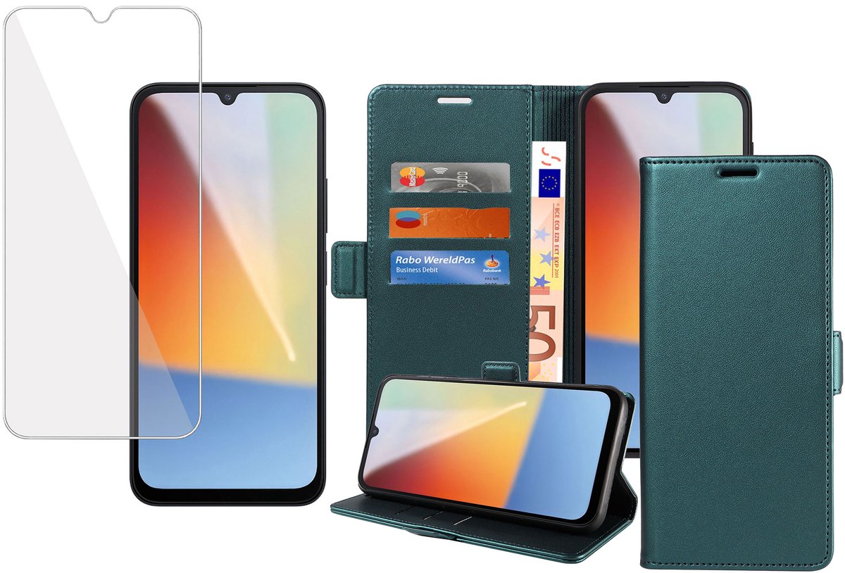 Book Case & Screenprotector geschikt voor Xiaomi Redmi A7 Pro Hoesje Screenprotector - Gehard Glas Cover + Magnetische Sluiting - Portemonnee Turqoise