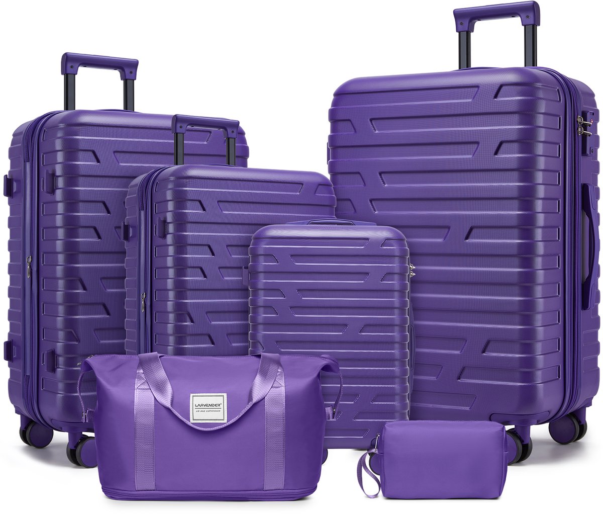 Kofferset Uitbreidbaar – 6-Delig – 20, 24 En 28 Inch – ABS Hardcase – Donkerpaars – Met Cijferslot, Spinnerwielen En Reistas