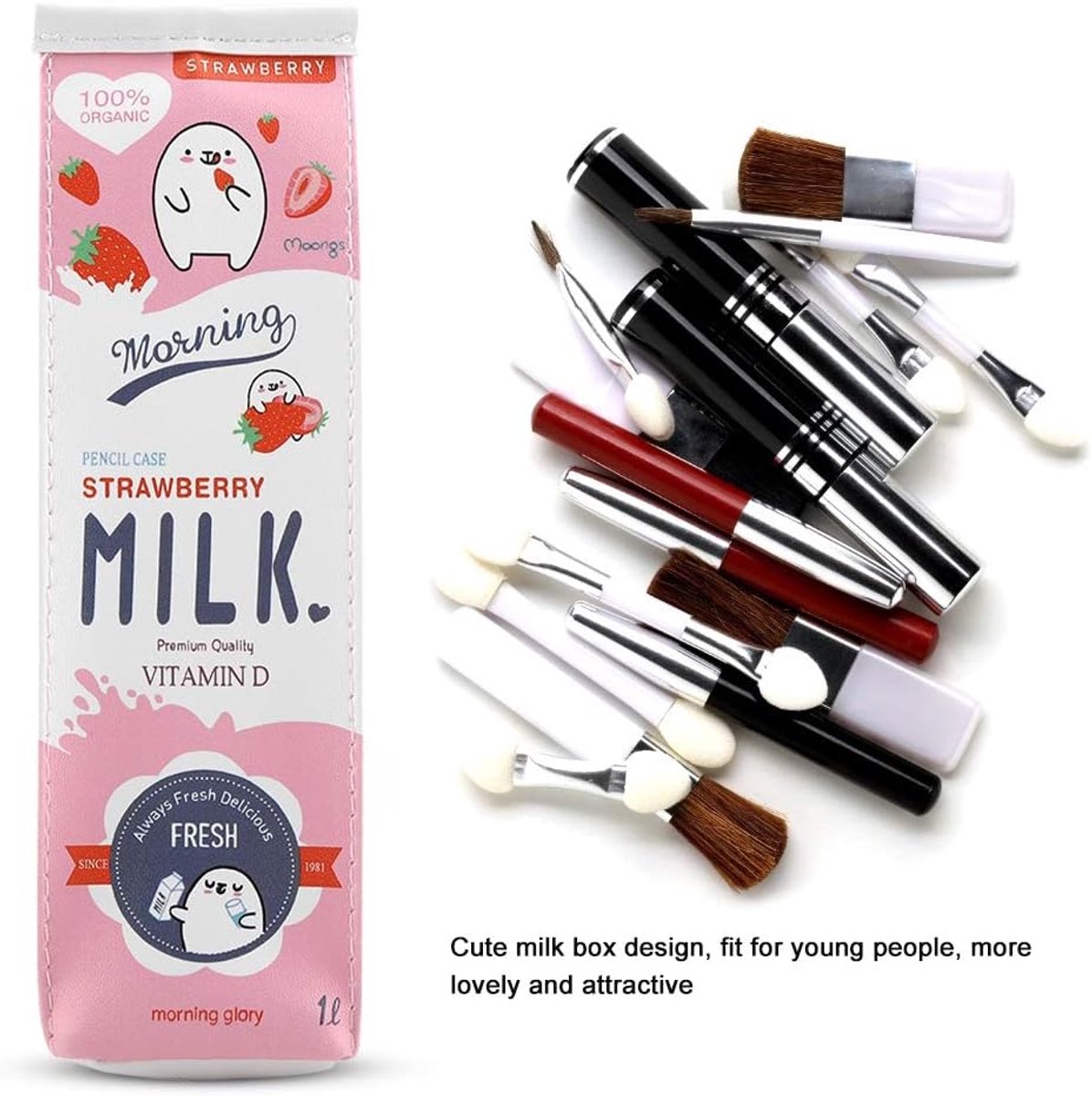 SnelShoppen - Creative Milk Cartoon Pennenzak - Grote Capaciteit Schrijfgerei Opbergzak met Rits voor School en Kantoor - Roze - Duurzaam PU Materiaal