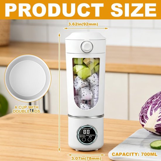 SnelShoppen - Draagbare Mixer 700 ml Oplaadbaar Mini-Mixer met Digitaal Display voor Milkshakes, Smoothies, Fruit, Groente, Fitnessstudio, Kantoor, Ca van Snelshoppen — afbeelding 5