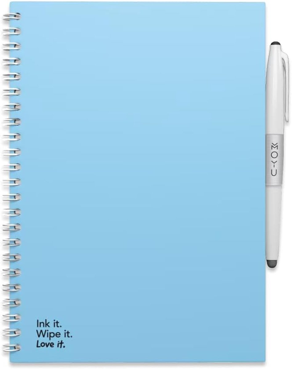 SnelShoppen - Herbruikbaar Notitieboek A5 - Sky Blue - Hardcover - Tot 500x herschrijfbaar - Inclusief uitwisbare pen, penhouder en doekje