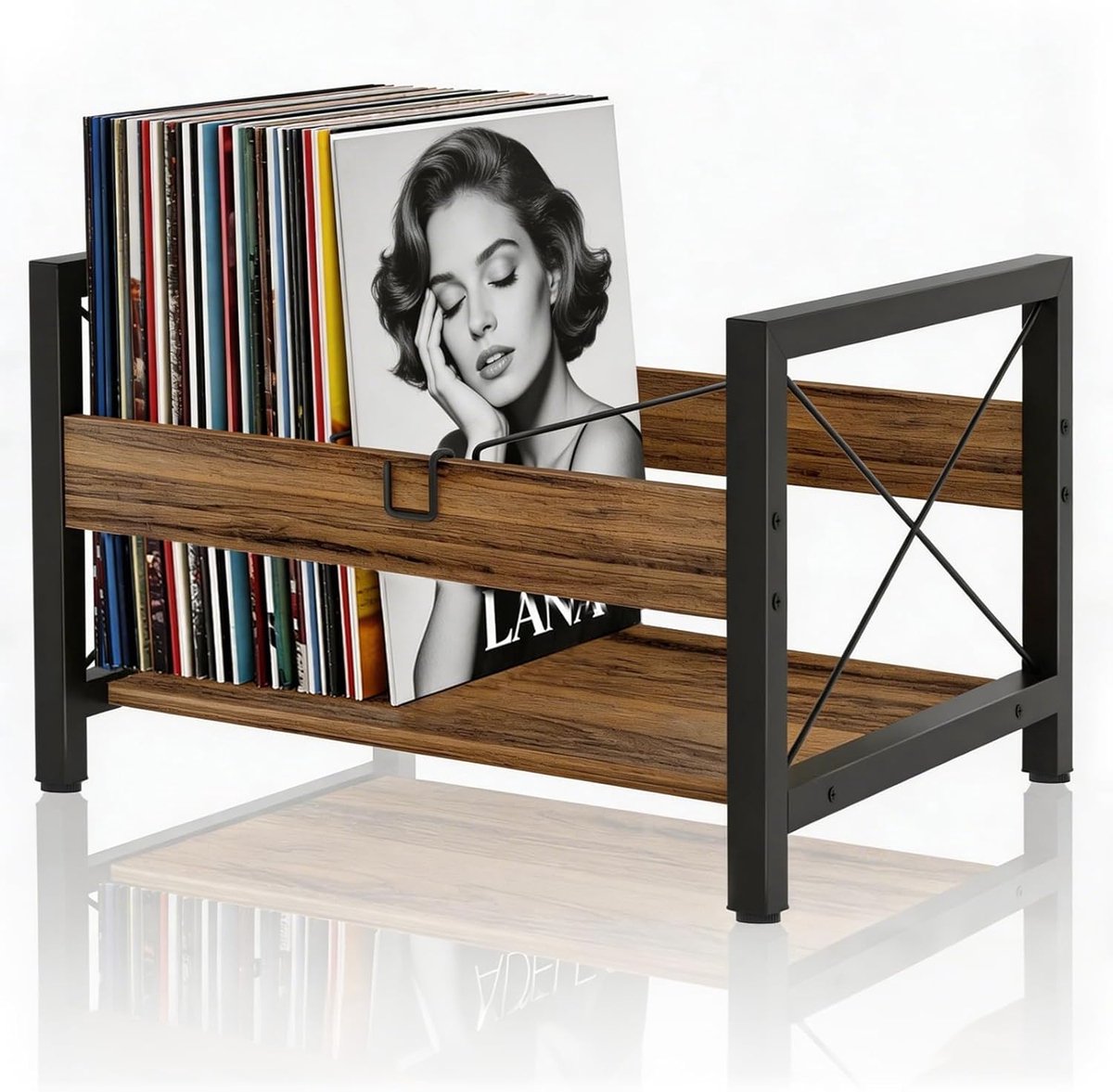 SnelShoppen - Vinyl Plate Stand, Houten Platenopslag met Antislip Scheidingsklem voor Meer dan 100 LP's, Makkelijk te Monteren, Zwart & Bruin