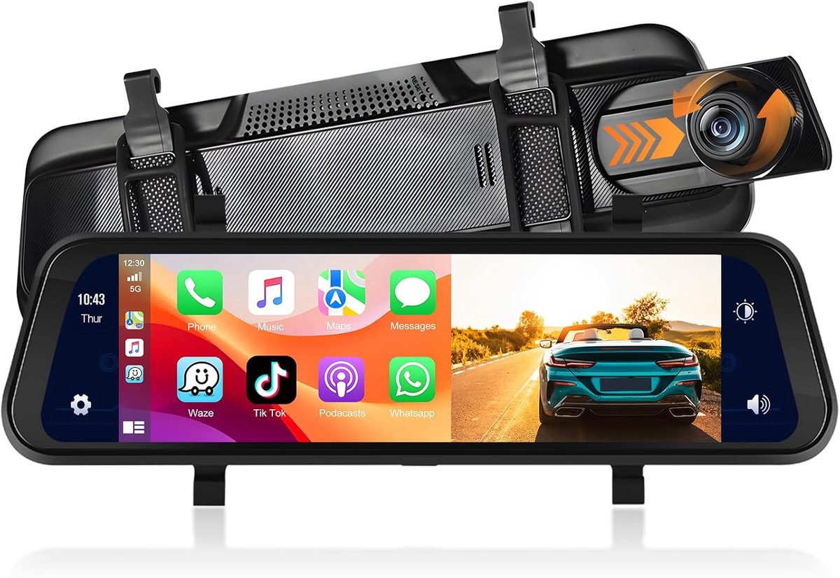 SnelShoppen - 9.66 inch Mirror Dashcam met Draadloze Apple CarPlay & Android Auto, HD Achteruitkijkcamera, IPS Touchscreen en Dubbele 1080p Schermen