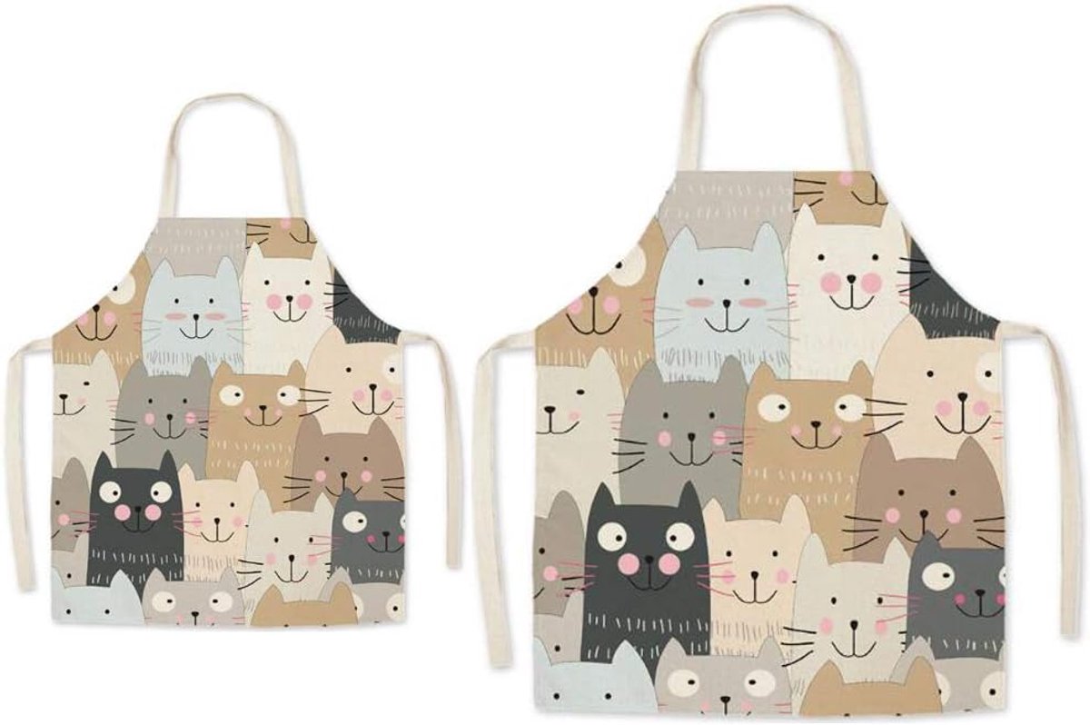 SnelShoppen - Schattige Keuken Schorten voor Ouders en Kinderen - Katoen en Linnen Schort met Kat Patroon - Perfect voor Koken, Bakken en Tuinieren -