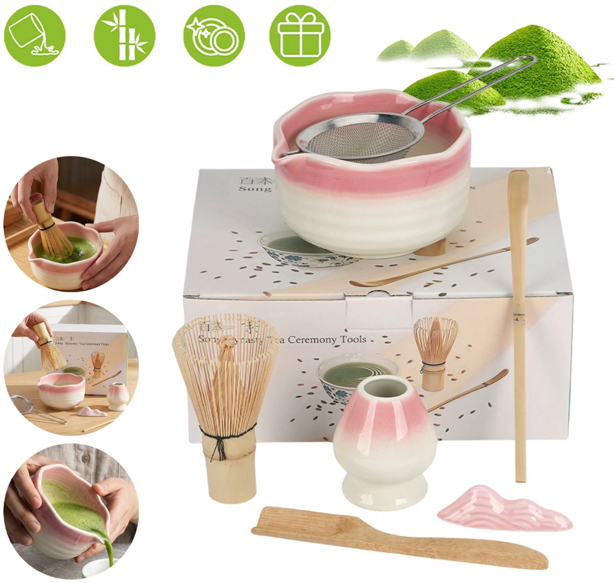7-Delige Roze Matcha Ceremonieset - Bamboe Garde Kom Met V-Vormige Tuit Gardehouder - In Geschenkverpakking Authentieke Japanse Theebenodigdheden - Ideaal Voor Verjaardagen Kerstmis En Housewarming