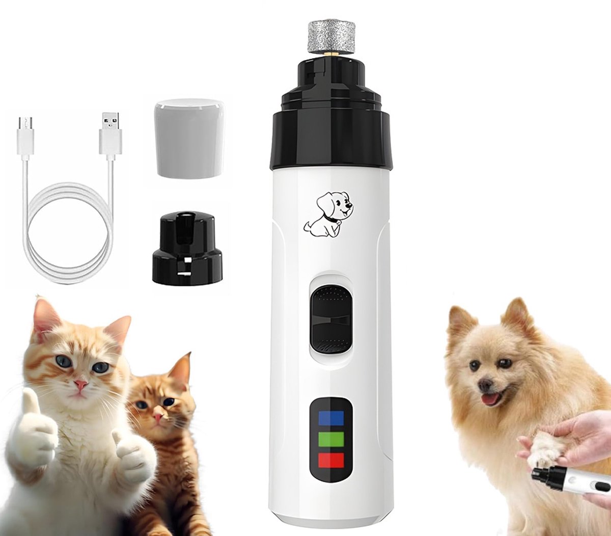Elektrische nagelslijper voor huisdieren - Nagelslijpmachine - Professionele nageltrimmer - Elektrische nageltrimmer met LED-verlichting - Oplaadbare nagelknipper - Geschikt voor honden en katten - LED-verlichting - Stil en pijnloos - Wit