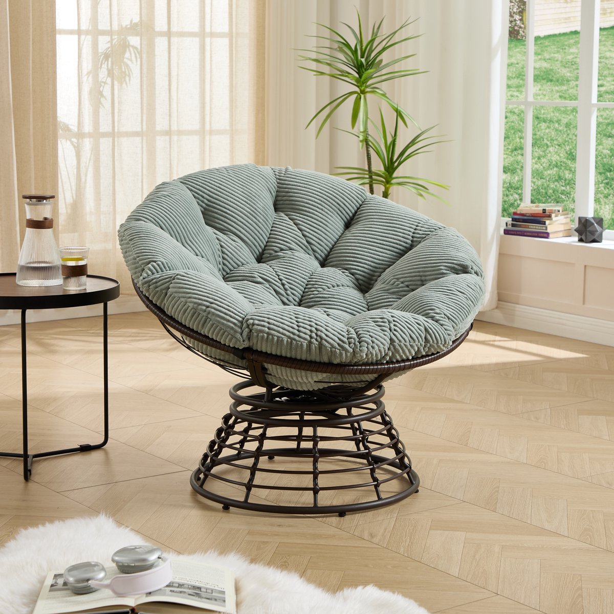 FloraGrace Fauteuil 92 x 67 cm - 360 Graden Draaibaar Met Dik Kussen - Voor Woonkamer Slaapkamer Of Buiten - Rotan En Metaal - Lichtgroen