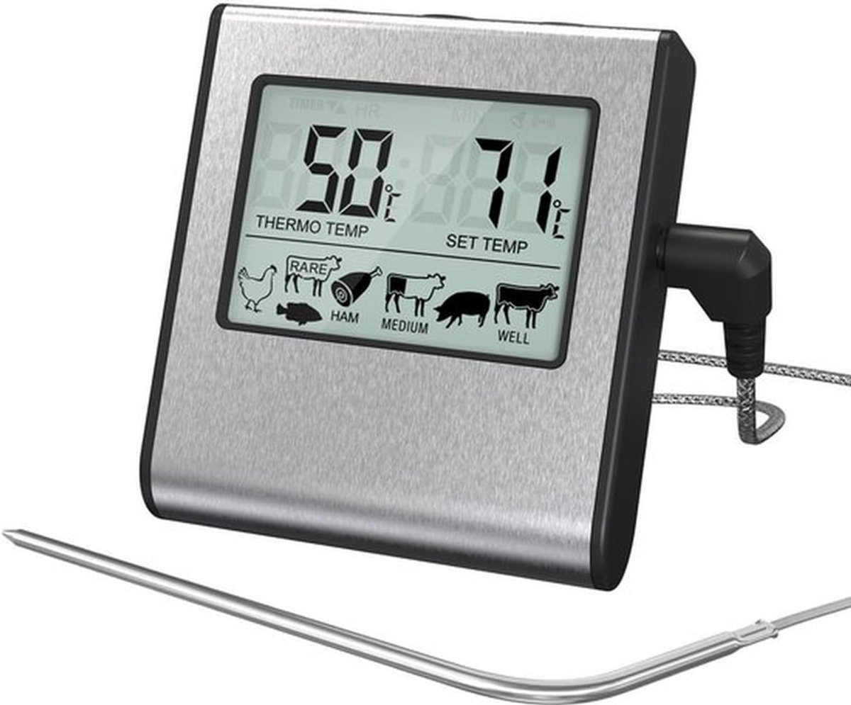 Digitale keukenthermometer met sonde en timer - groot lcd-scherm - temperatuursonde voor koken - BBQ levensmiddelen - vlees - oven - grill - nauwkeurige metingen