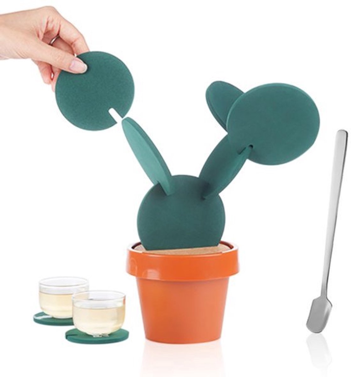 Cactus Coaster Set met 1 Koffielepel - Groene Stapelbare Onderzetters en Warmte-isolerende Mat
