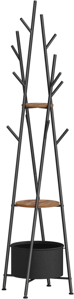 Home & Beyond® Staande Kapstok met 10 Haken, 2 Planken en Opbergmand - Garderoberek - Bruin en Zwart - 48 x 48 x 186 cm