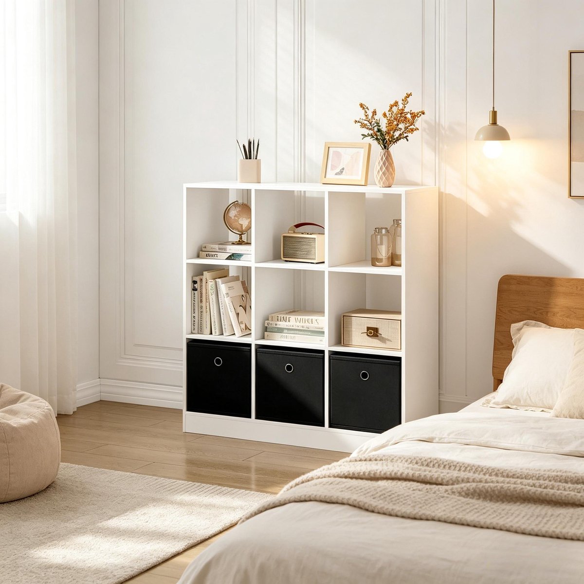OKWISH Boekenkast – 80 x 86,5 x 30 Cm – Met 3 Stoffen Lades – Hout En Stof – Wit Zwart – Open Vakkenkast Voor Woonkamer Of Kantoor