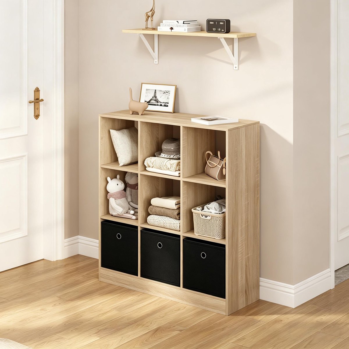 OKWISH Boekenkast – Ruime Opbergruimte – 80 x 86,5 x 30 cm – Hout Met Melamine en Vliesstof – Licht Eiken en Zwart – Vrijstaand Vakkenrek Met 3 Lades