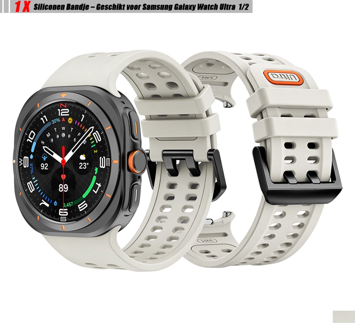 Stravo Zacht Siliconen Bandje – Geschikt voor Samsung Galaxy Watch Ultra 2 47mm (2026) / Ultra 47mm (2024/2025) – Sport Horlogebandje met Dubbele Ventilatiegaten en Gespsluiting – Starlight