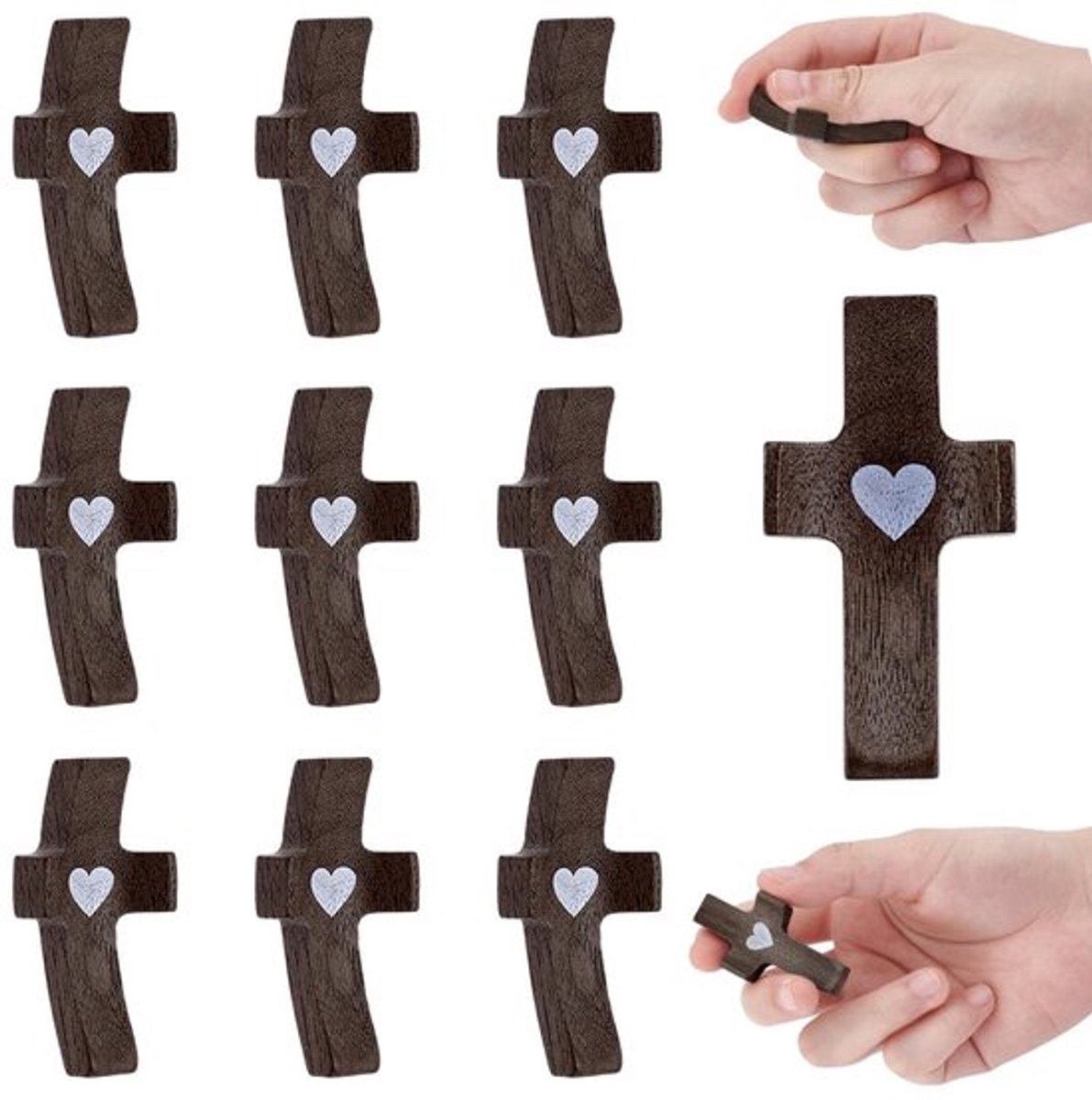 12 Stuks Houten Kruis Mijn Hart Witte Walnoot Kruis Decoraties 5 x 2,5 x 1,5 cm Handgemaakte Mini Kruis Set voor Thuisdecoratie en Cadeaus