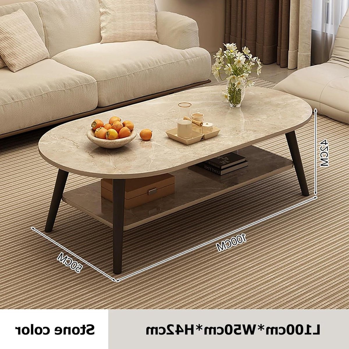 Ovale salontafel - Middelpunt woonkamer - Opbergen en decoreren - Verborgen opbergruimte - 80x40x42cm - Steen