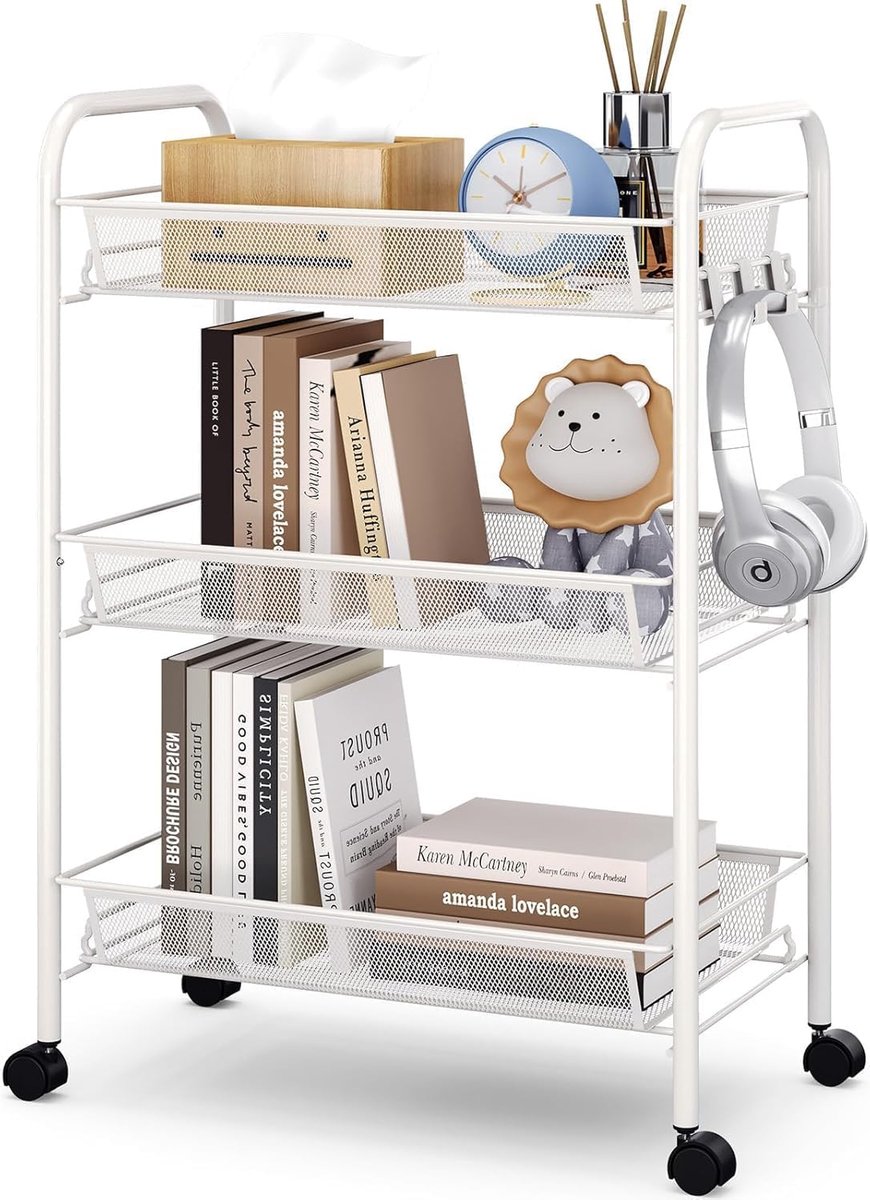 SnelShoppen - Multifunctionele 3 Laags Keuken Trolley - Mobiele Trolley voor Keuken, Badkamer en Utility Room - RVS, Ademend Gaas, Inclusief Zijhaakje
