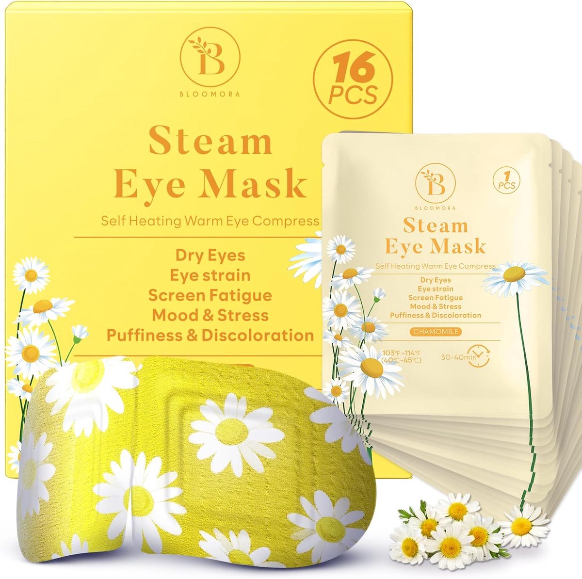 SnelShoppen - Pack van 16 Zelfverwarmende Kamille Oogmaskers - Warming Stoom Oogmaskers voor Droogheid, Zwelling en Vermoeide Ogen - Warmte Compressen