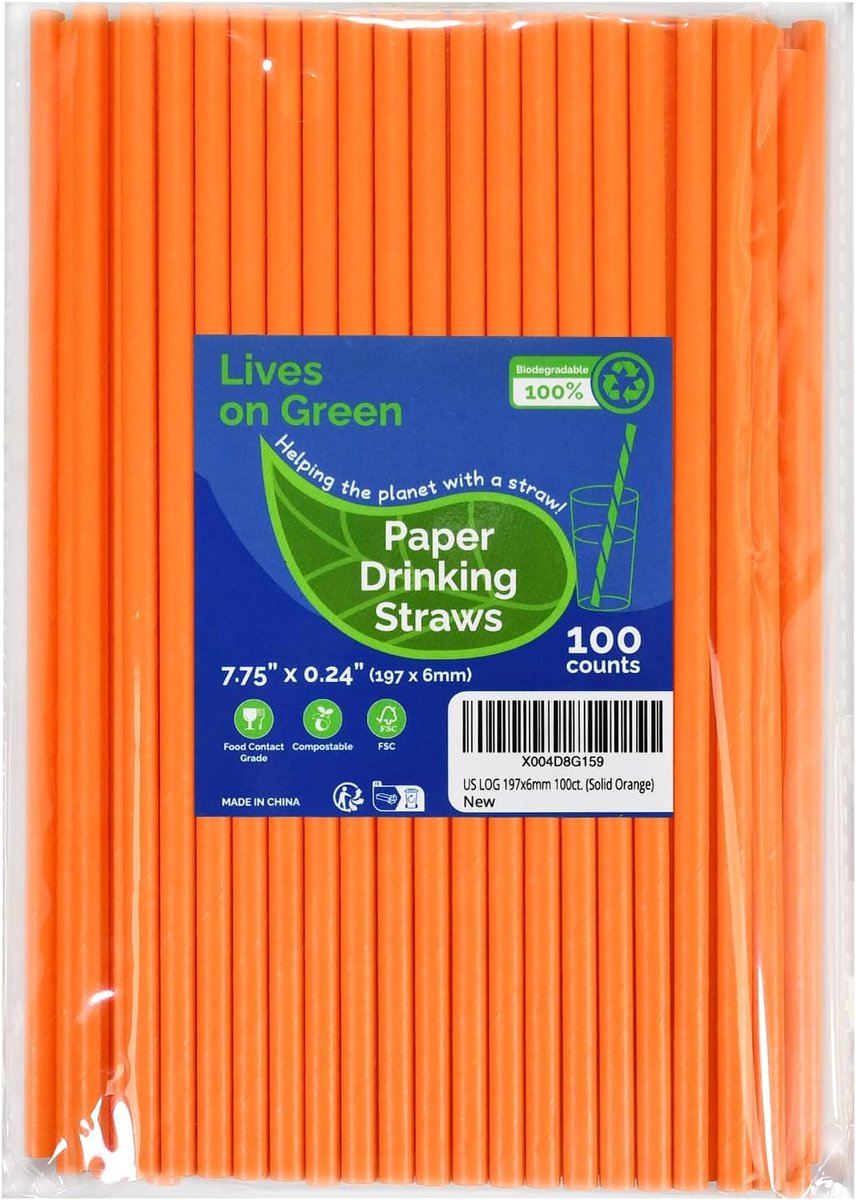 SnelShoppen - 100 Stuks 19.8cm Solid Orange Papieren Rietjes - Disposabele Rietjes voor Cocktails, Feesten, BBQ, Bar, Restaurants, Water, Sap, Frisdra