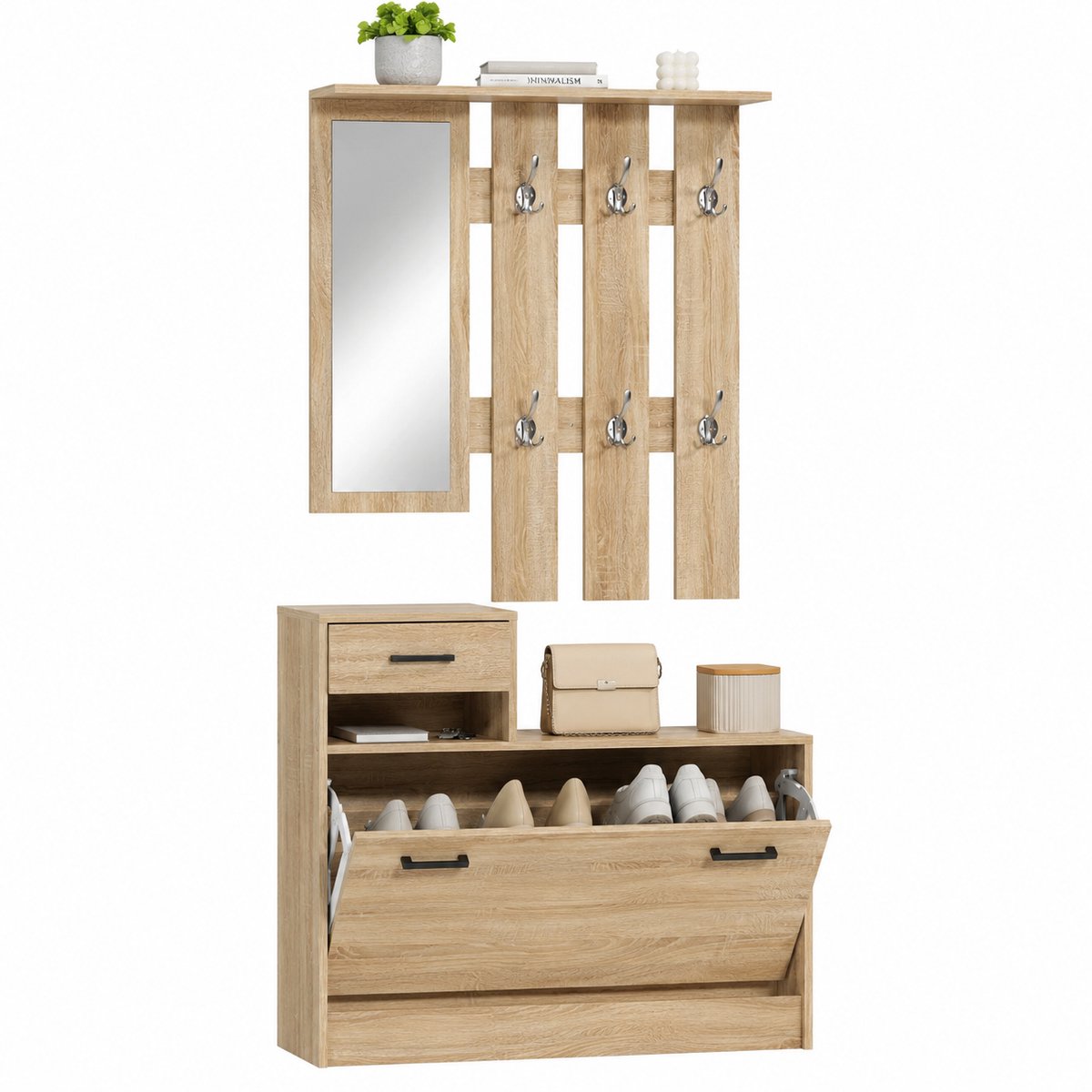 ITRONIQ Kapstok Met Schoenenkast en Spiegel - Halmeubel Met Schoenenrek en Lade - Garderobeset 90x24x91 CM - Licht Eiken