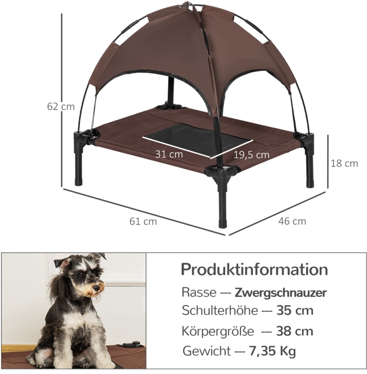 MODENUIT Hondenbed – Verhoogd met Luifel – 61 x 46 x 62 cm – Metaal en Oxford – Koffie – Voor Buiten