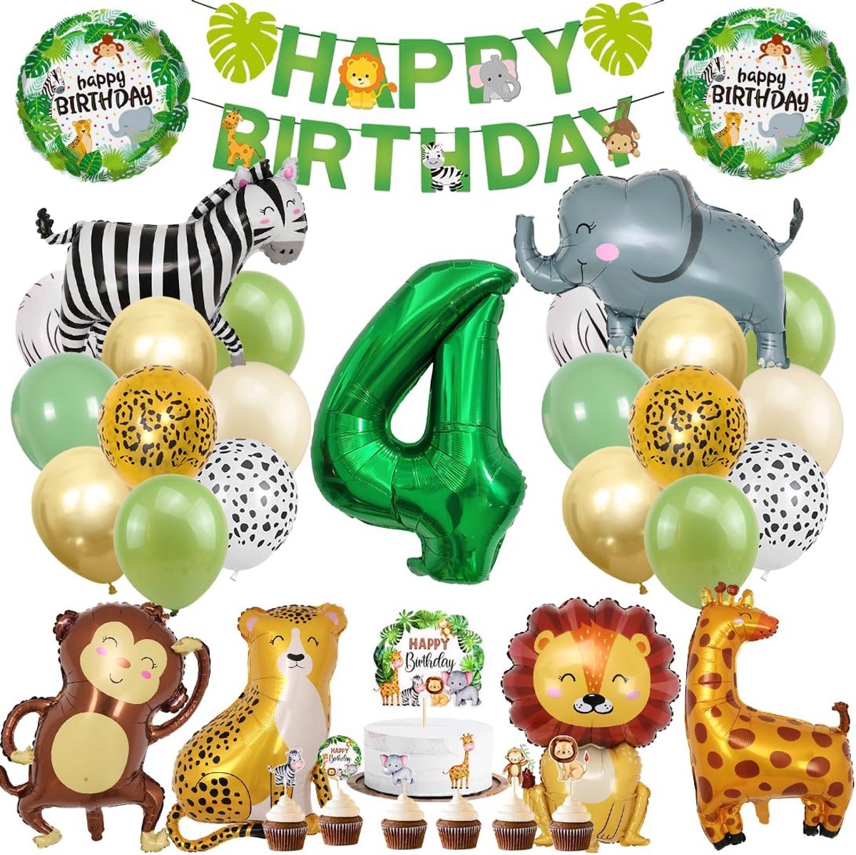 SnelShoppen - Jungle Verjaardagsballonnen 41 Stuks - Dieren Decoratie Groen Goud - Ballonnen Set voor Kinderen en Feestjes, 4 Jaar Verjaardag