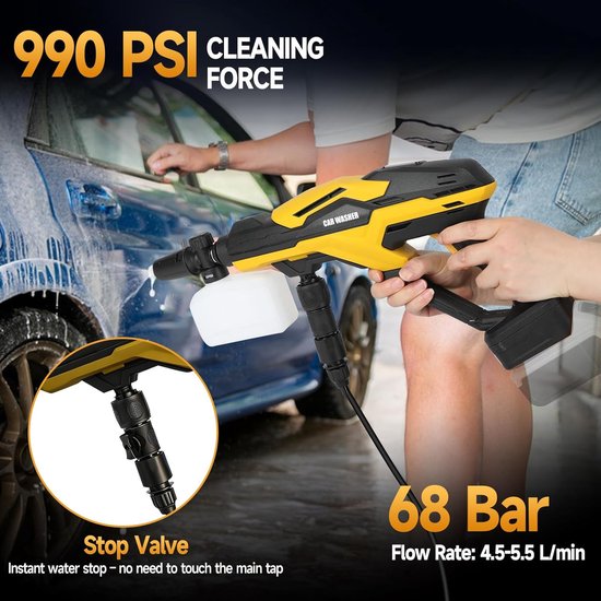 SnelShoppen - Accu Hogedrukreiniger 68 Bar, Draagbare 3-Zuiger Waterpomp, Compatibel met 18V 20V Accu, 6-in-1 Mondstuk, 3-Traps Verstelbaar Touchscree van Snelshoppen — afbeelding 5