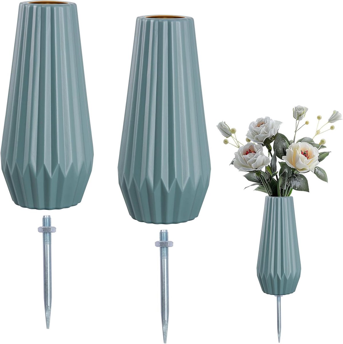 SnelShoppen - 2 Stuks Metalen Spike Graf Vazen - 20,5cm Hoge Begraafplaats Vazen voor Kunstmatige en Verse Bloemen - Stevig Kunststof - Perfect voor B