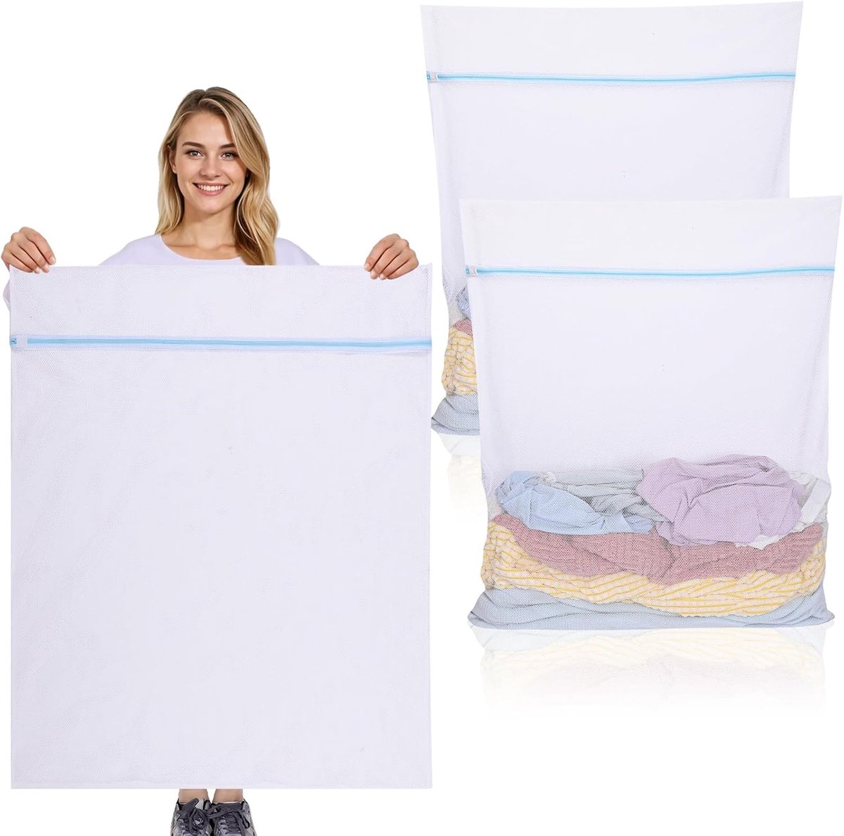 SnelShoppen - 2 Stuks Wasnet Groot 90x110cm - Herbruikbare Waszak met Rits voor Kleding, Shirts, Sweaters, Jas, Broeken - Waskorf voor Wasmachine - Wi