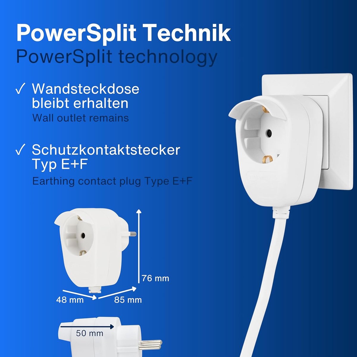 SnelShoppen - PowerSplit Stekkerdoos 4-Weg (3+1) met Schakelaar, 3500 W, 5 m Krachtige Zwarte Verlengsnoer met Overload Bescherming voor Thuis, Kantoo