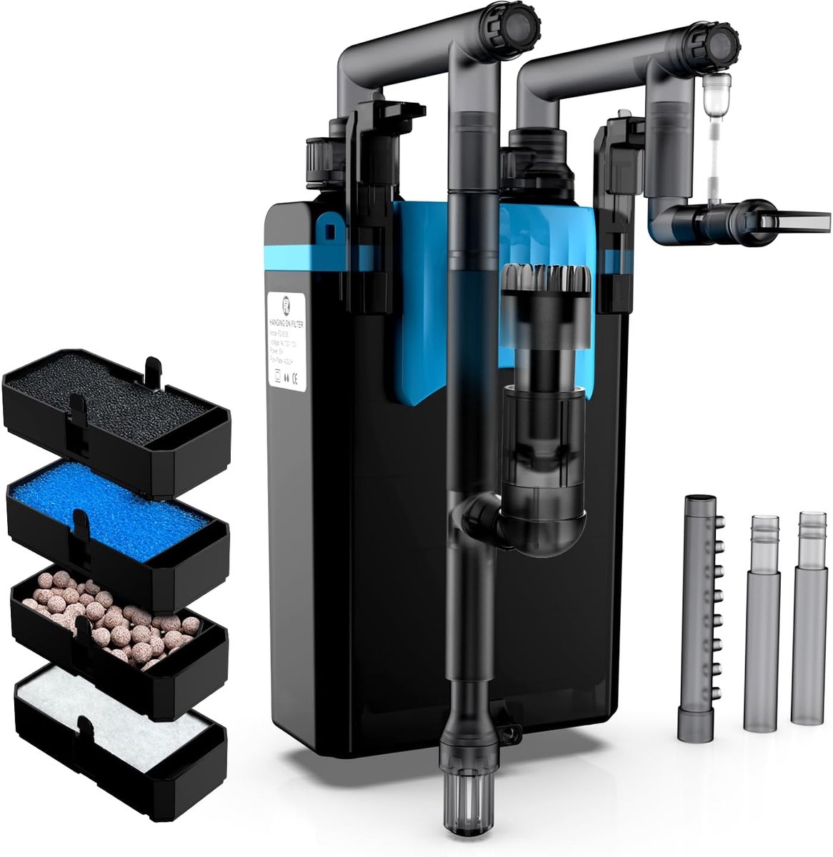 SnelShoppen - Aquarium Filter voor Kleine Vis Tanks, 4-Stage Hang-on Filter, 198 GPH Instelbare Stroom, Regenval, Eendbillen- en Directe Stroomuitlate