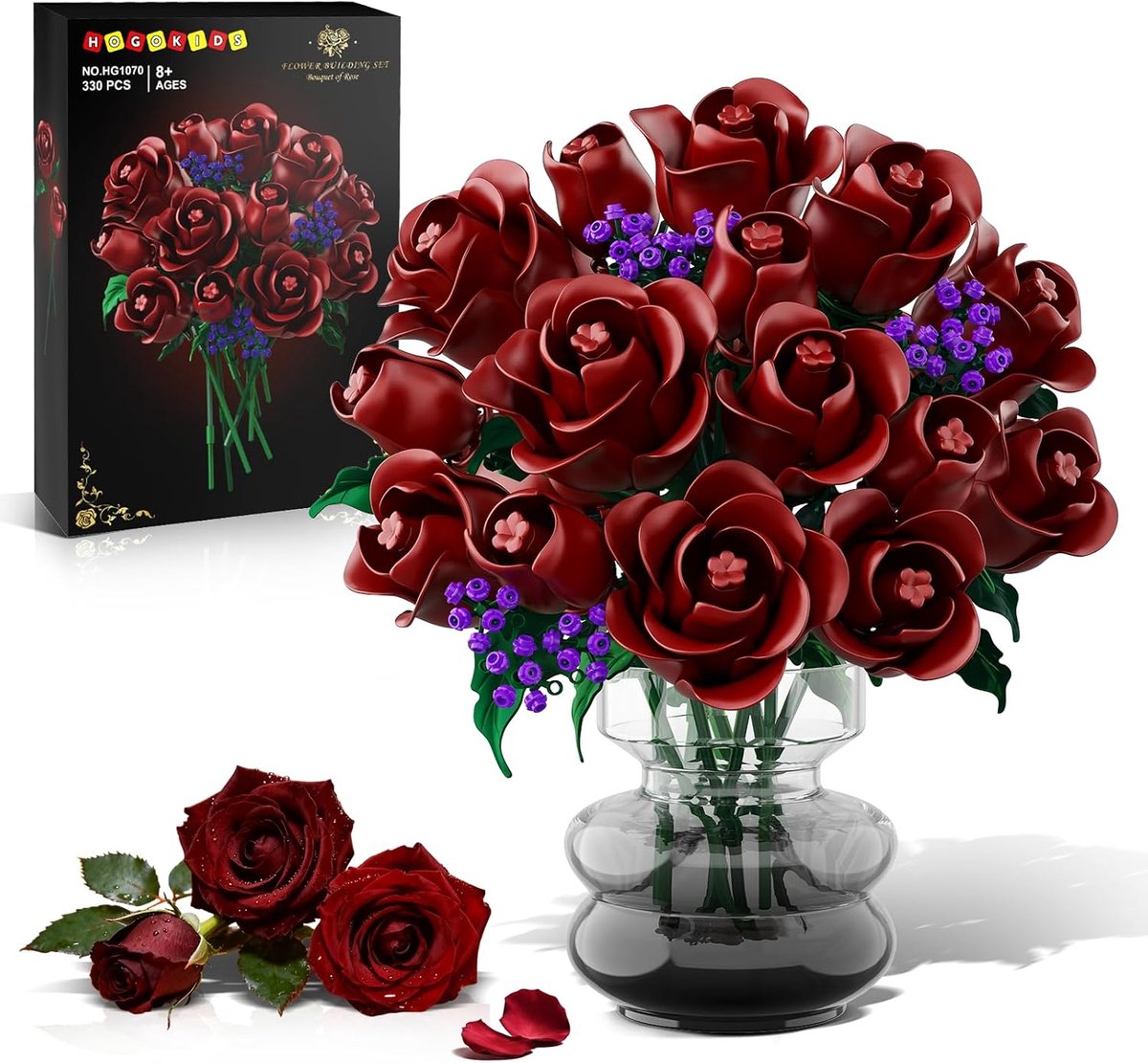 SnelShoppen - Flower Set Rode Rozen - 15 Burgundy Rode Rozen Bouwset - 330 Delen Bloemschikking - Kunststof Bloemen - Decoratie voor Thuis & Kinderen