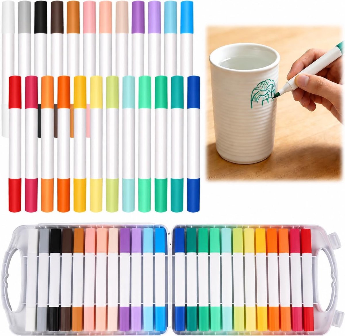 SnelShoppen - 24 Stuks Porselein Kleurpennen met Dubbele Punt | Waterdichte Acrylverf Markers voor Keramische Mokken, Glas, Hout, Metaal, Steen - Snel