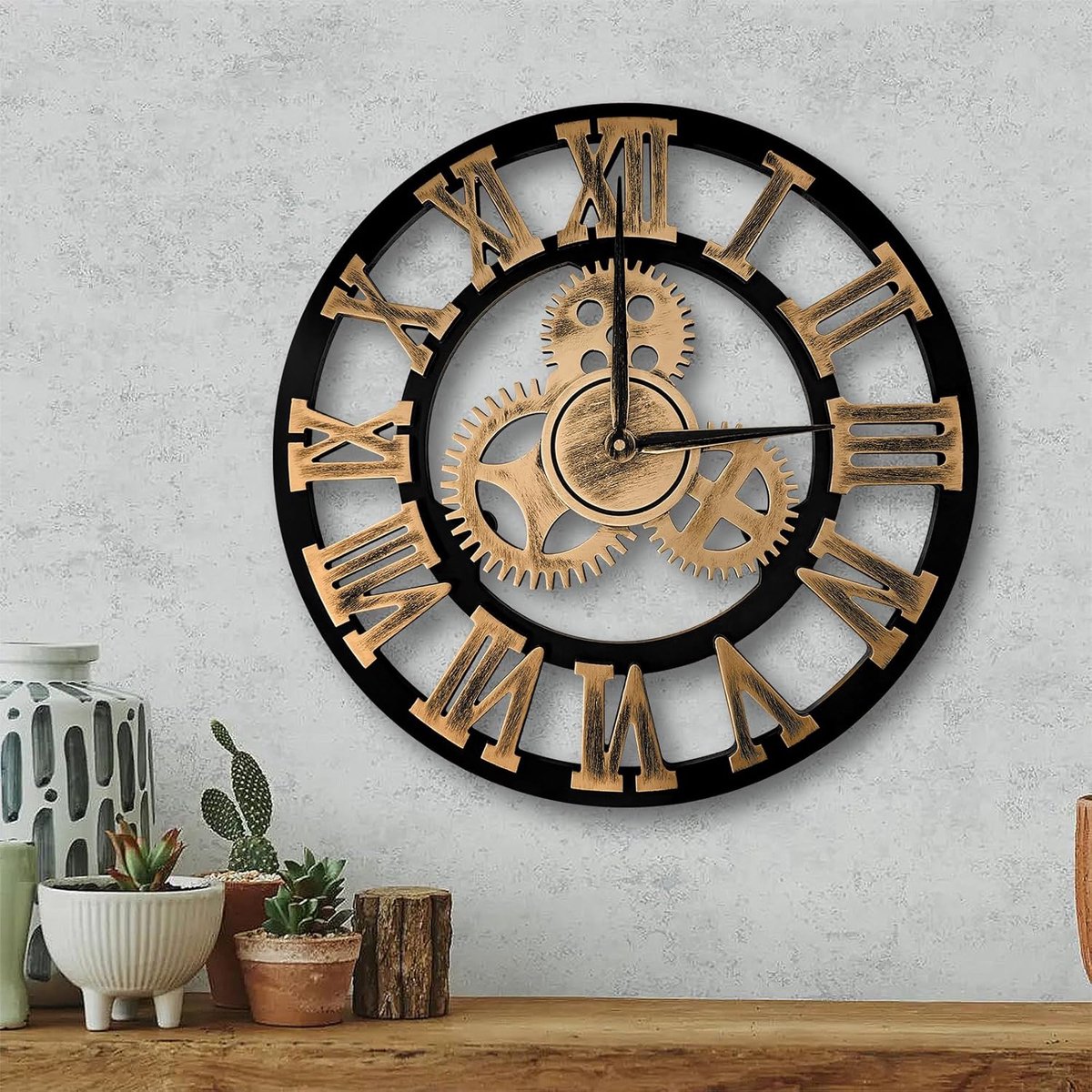 SnelShoppen - Wandklok 40.5 cm Stille Non-Ticking 3D Tandwielen Vintage Industrieel Romeinse Cijfers Hangend Quartz Met Batterij Voor Thuis Kantoor Re