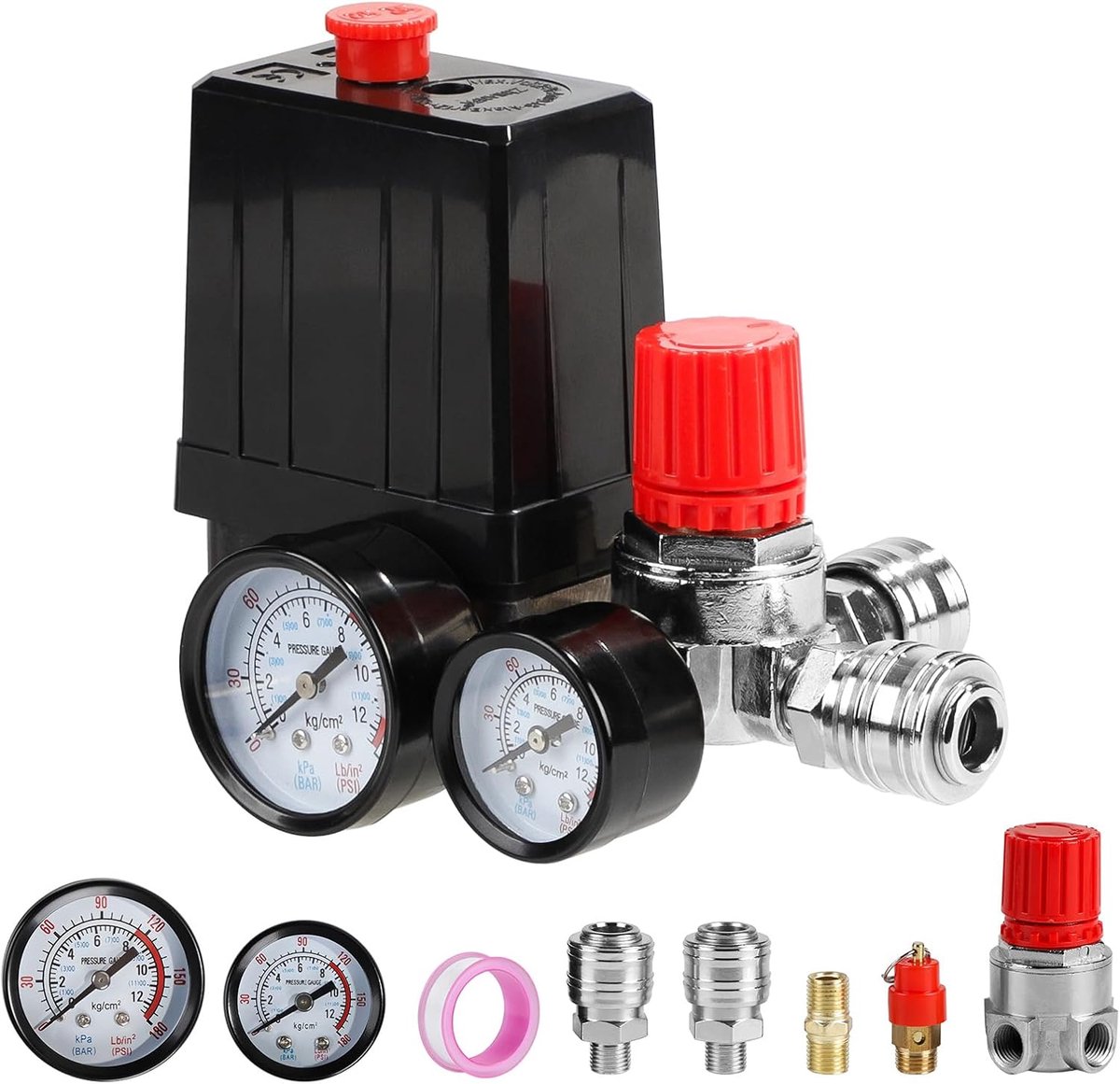 SnelShoppen - 220V Air Compressor Pressostat met 4 Holes, Drukregelaar met Manometer, Veiligheidsventiel, 90-120 PSI, Ideaal voor Werkplaats en Fabrie