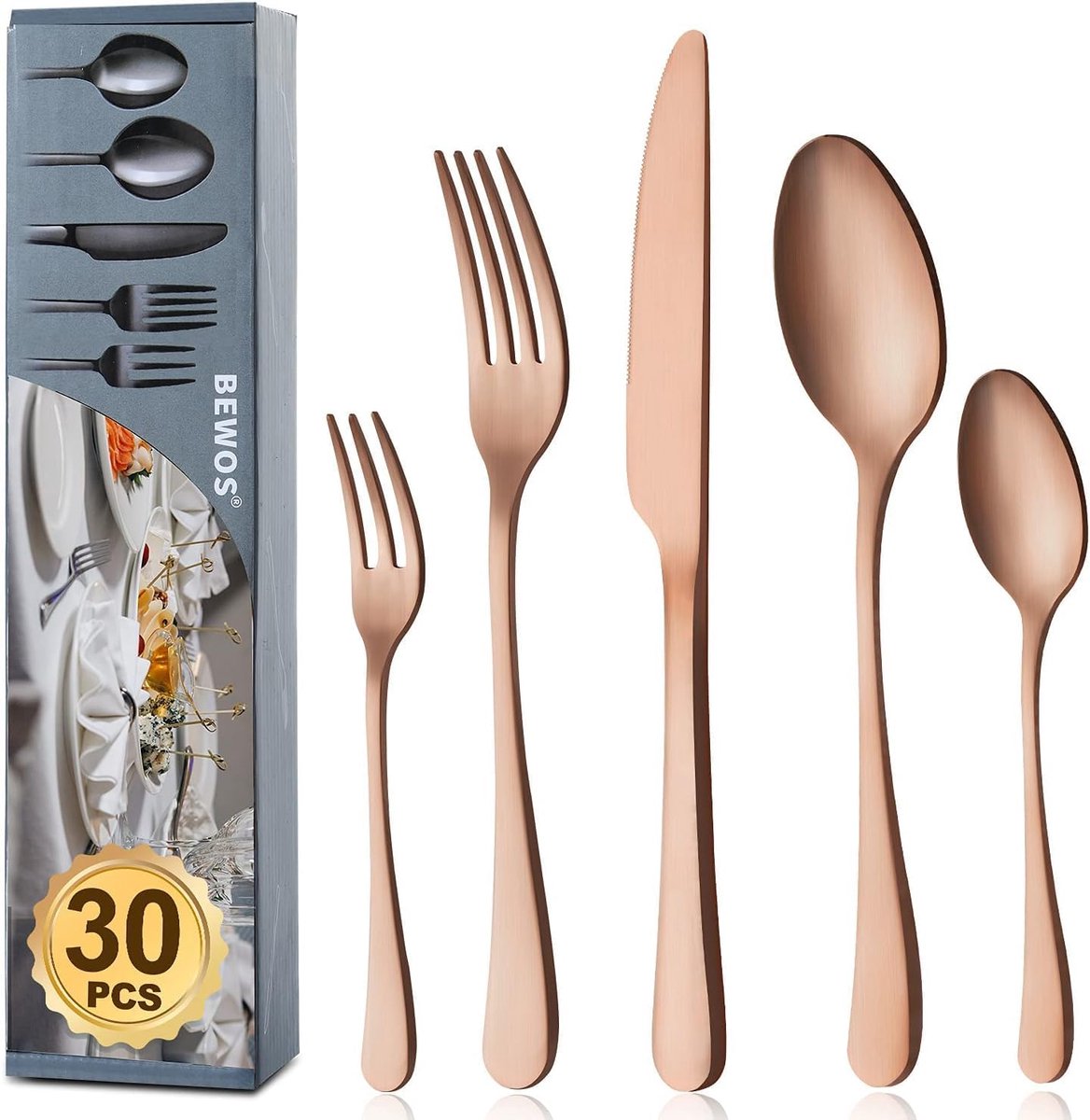 SnelShoppen - 30-delige bestekset voor 6 personen - Roze goud mat, RVS bestek voor feest, keuken, tuin, vaatwasmachinebestendig