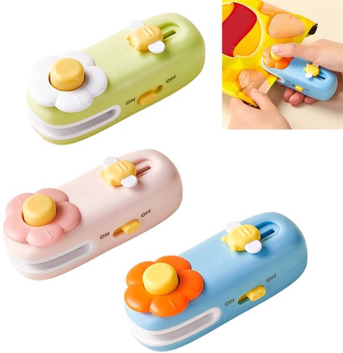Mini Zakken sealer - Set van 3 - 2-in-1 Heat Sealer & Snijder - Handheld Plastic Zakken Sluiter - Met Magneet - Chipszak Hersluiter - 10 cm - Groen, Roze & Blauw