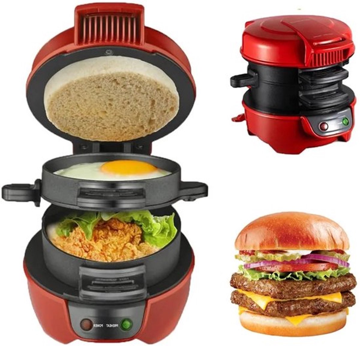 Ontbijtmachine - Ontbijtmuffinmaker - Elektrisch - Eenvoudig Reinigen - Broodrooster - Sandwichmaker - Veelzijdige Toepassing - Rood