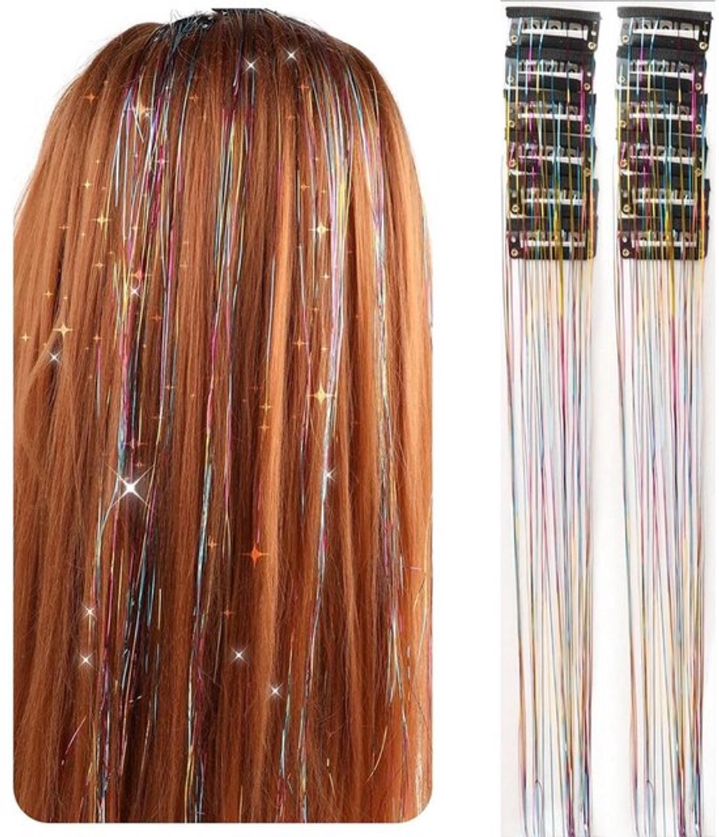 12 Stuks Glitter Haar Strengen - Multikleur Clip-in Haar Extensions voor Feestelijke Looks