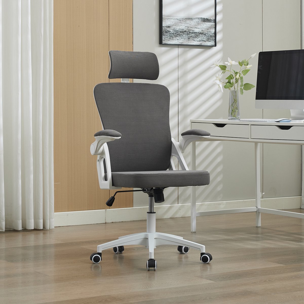 MODENUIT Bureaustoel 65 x 58 x 128 cm - Verstelbare Lenden- en Hoofdsteun - Thuis en Kantoor - Mesh Grijs