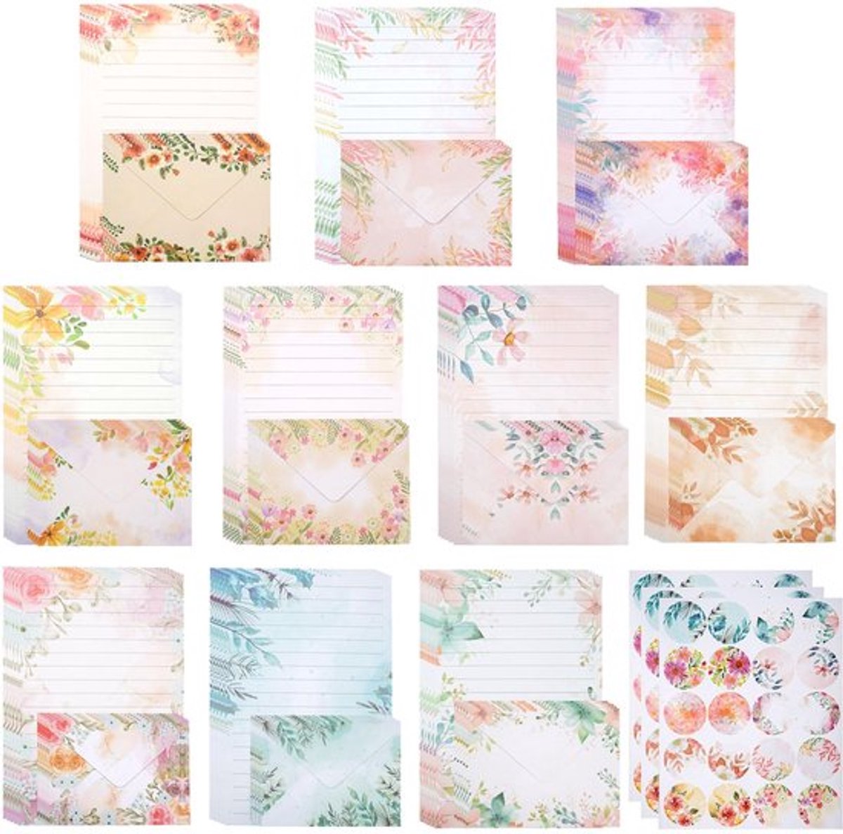 160 Stuks Kantoorartikelen en Enveloppen, 50 Vellen A5 Kantoorpapier en 50 Enveloppen met 60 Stickers, Schrijfpapier en Enveloppen, Kantoorartikelen Set, voor Uitnodigingen, Brieven, Cadeaus (10 Kleuren)