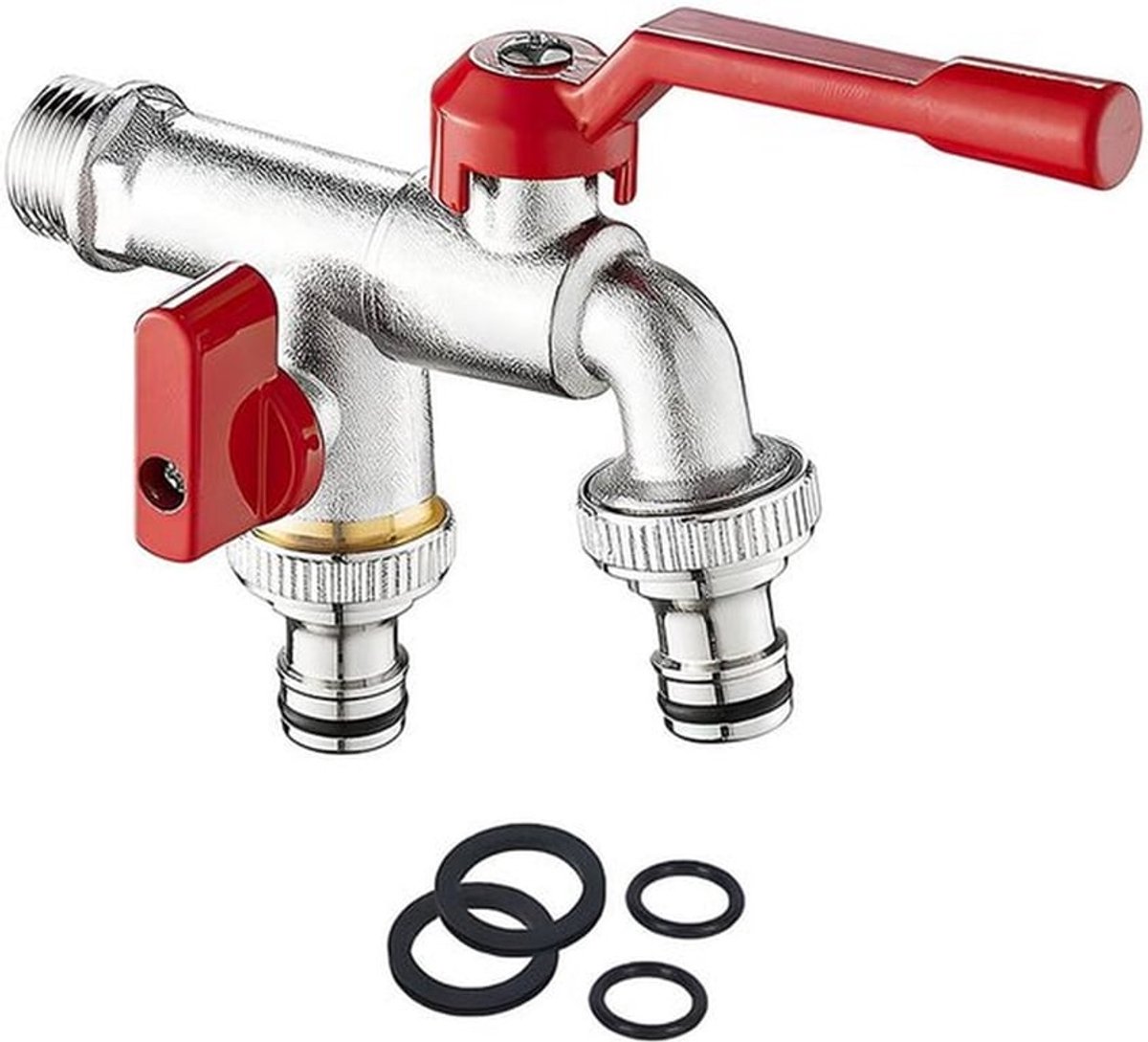 Dubbele tuinkraan - 3/4'' inch messing waterkraan voor buiten aan de muur - met 2x 3/4 inch uitlaat - voor tuin wasmachine regenton - roest en vorstbestendig