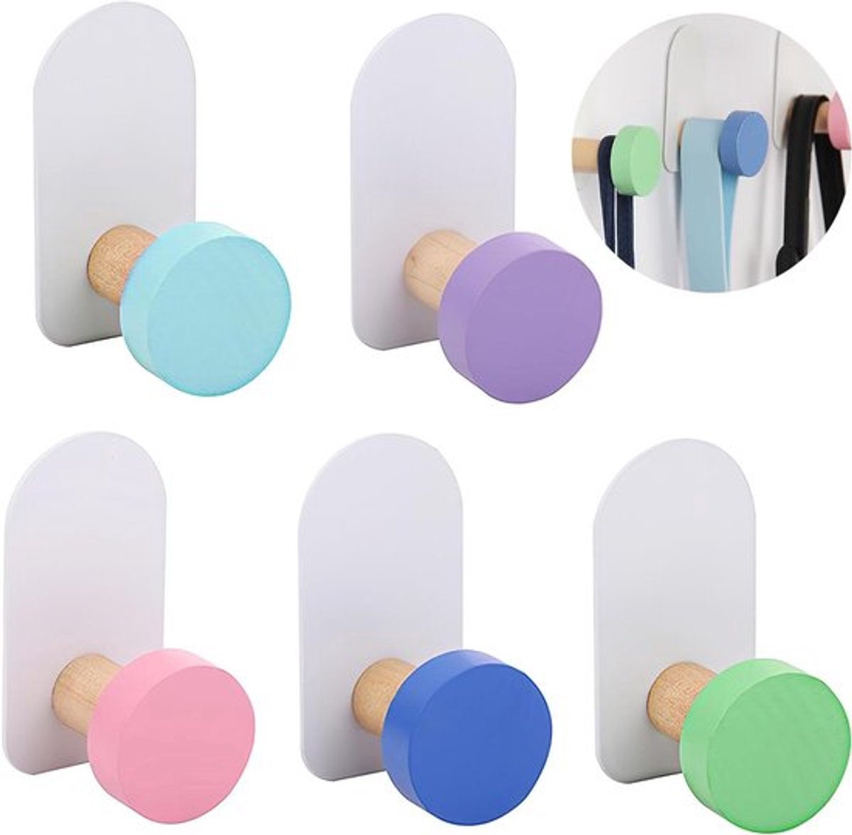 - Set van 5 kleurrijke zelfklevende wandhaken - Handdoekhaken zonder boren voor badkamer, slaapkamer, keuken, woonkamer en kinderen