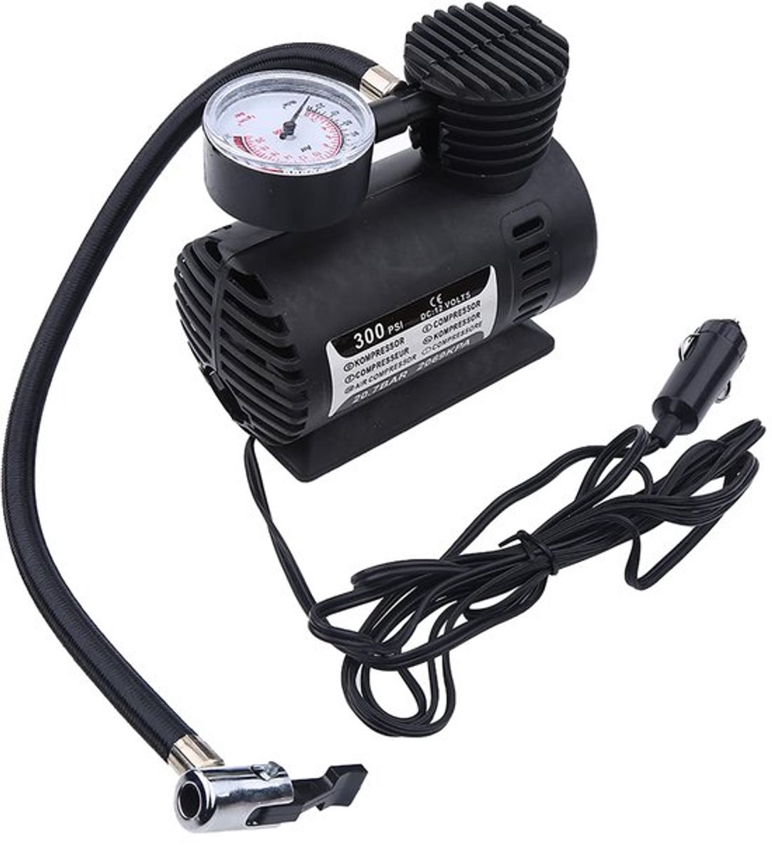 Draagbare Mini Luchtcompressor Elektrische Pomp voor Auto Banden, 12V, 300 PSI met Drukdetector voor Fietsen, Auto's, Motorfietsen en Meer