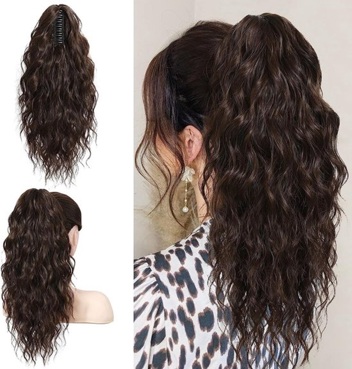 Ponytail Haarstukje met Clip - 18 inch lange golvende krullende extensions in donkerbruin - natuurlijk synthetisch haarstuk voor vrouwen, geschikt voor diverse stijlen en gelegenheden