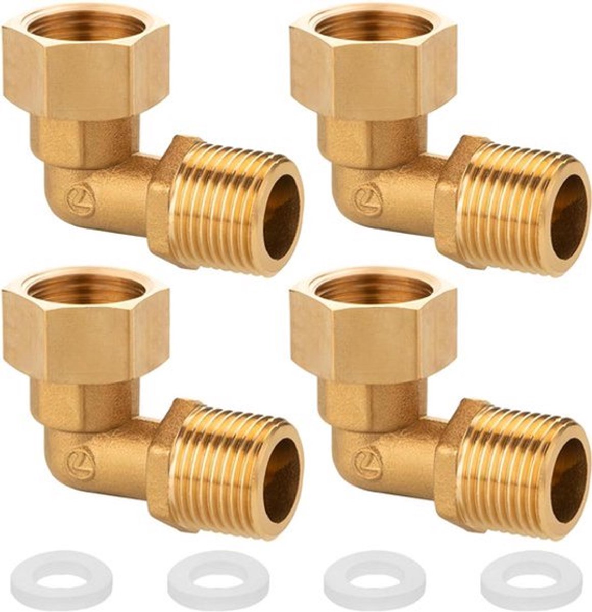 Messing verstelbare schroefkoppeling 90° G1/2 inch IG/AG DN15 - Set van 4 stukken - Hoekschroefkoppeling 1/2 inch voor drinkwater- en cv-systemen