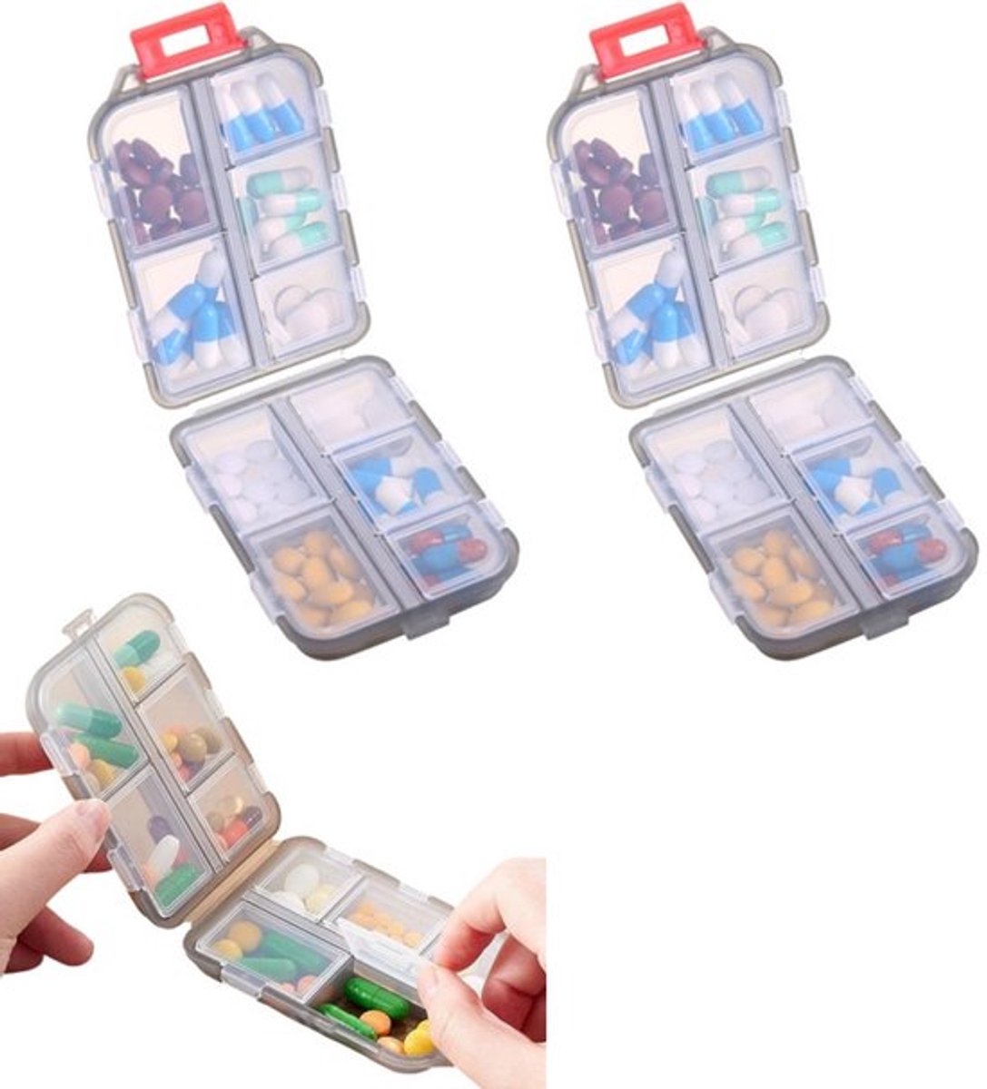 2 stuks - Reispillendoos - Reispillenorganizer - 10 compartimenten - Compact en draagbaar - Duurzaam - Voor pillen, supplementen - Grijs - 96 x 64 x 31 mm - Perfect voor op reis of dagelijks gebruik