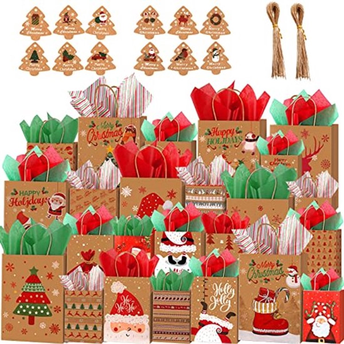 24PCS Herbruikbare Kerstcadeautassen met Tissue Papier en Tags - Duurzame Feestartikelen voor Iedere Gelegenheid