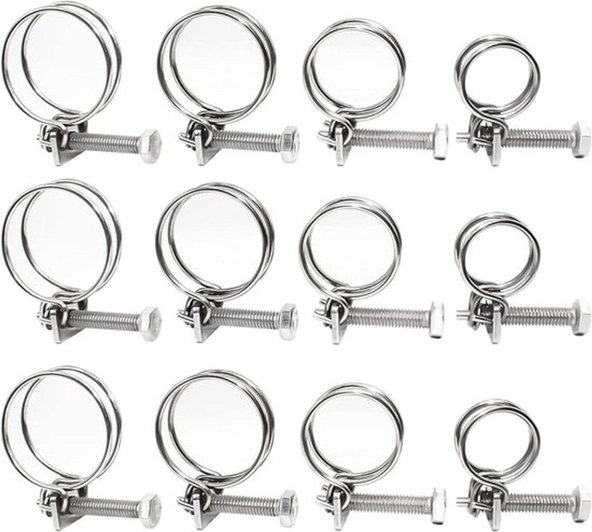 Verstelbare dubbele slangklemmen, 12 stuks, roestvrijstalen slangklemmen, metalen klemmen, geschikt voor slangen met een diameter van 20 mm, 25 mm, 32 mm en 36 mm.