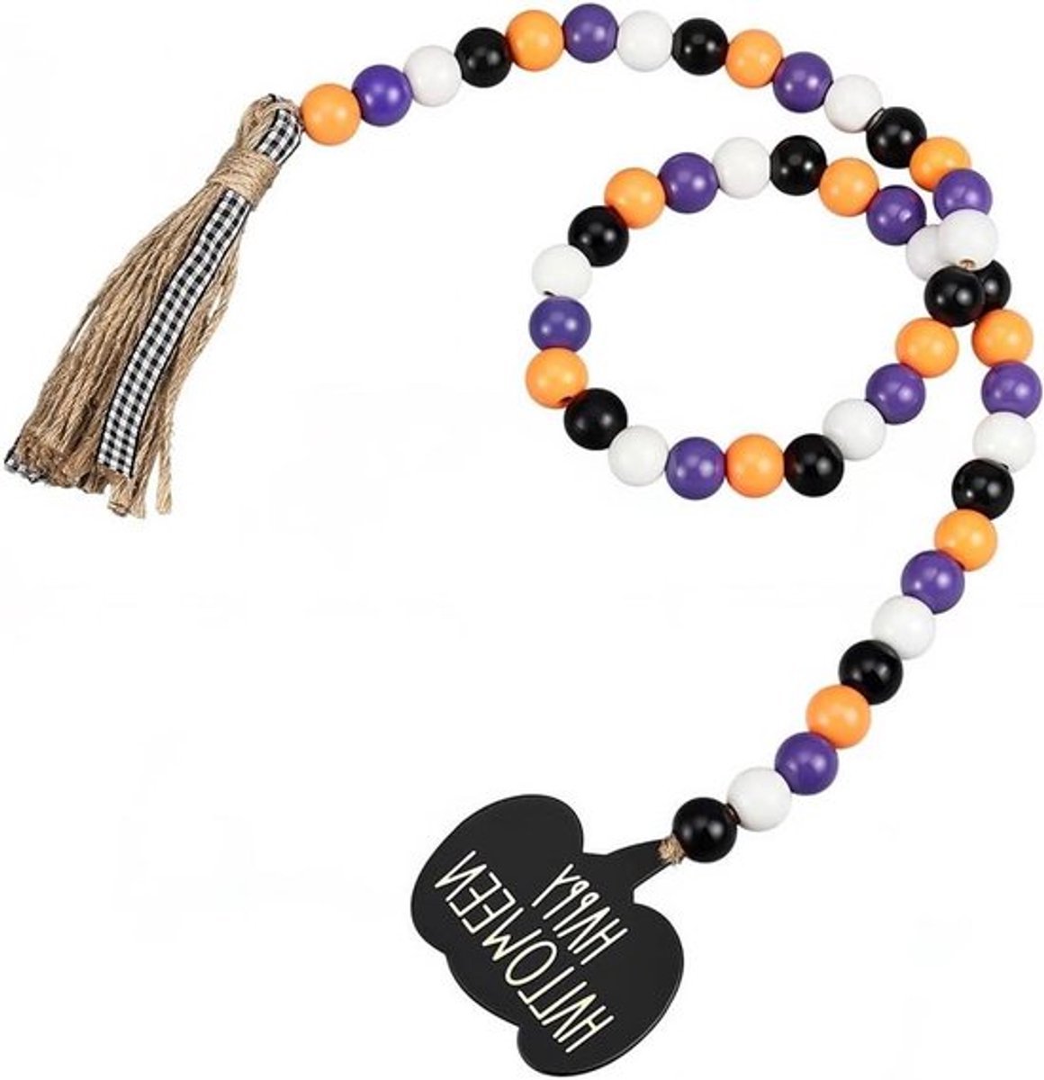 Halloween Houten Kraal Garland met Kwastje - Muur Opknoping Decor - Happy Halloween Pompoen Charm Tags - Natuurlijke Houten Kralen String Ornamenten - Vakantie Gelaagde Lade Open haard Vaas - Geschikt voor - KLeur of model