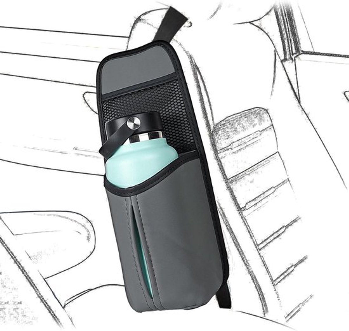 Auto-stoel zij-waterflesopberger - Opbergzak - Grijs - Grote fleshouder - Compatibel met Yeti Rambler Bottle 30oz/38oz, Hydro Flask 32oz/40oz - Voertuig organizer of auto-stoel opslag - Modelgeschikt - Stoelhanger
